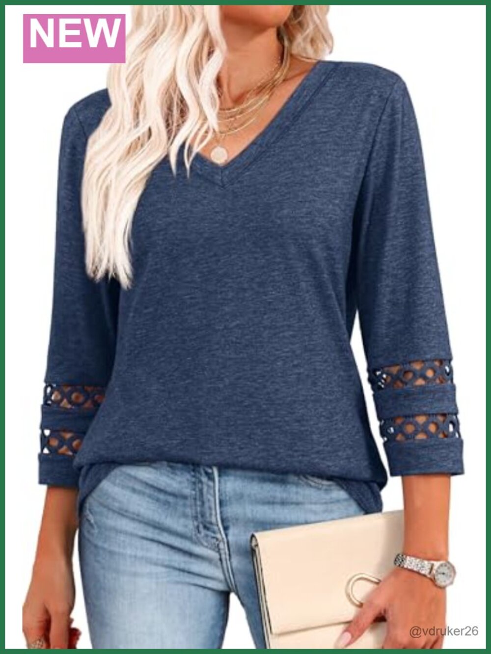 Womens 3/4 Sleeve Lace V Neck T-Shirt Dressy Casual Blouse Top